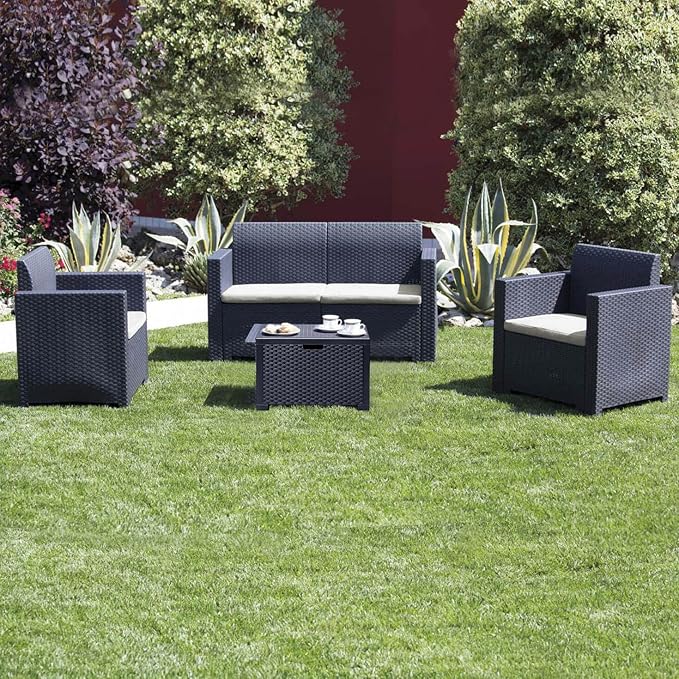 Set Nebraska da Esterno Nero Salottino con Divano Poltrone e Tavolino